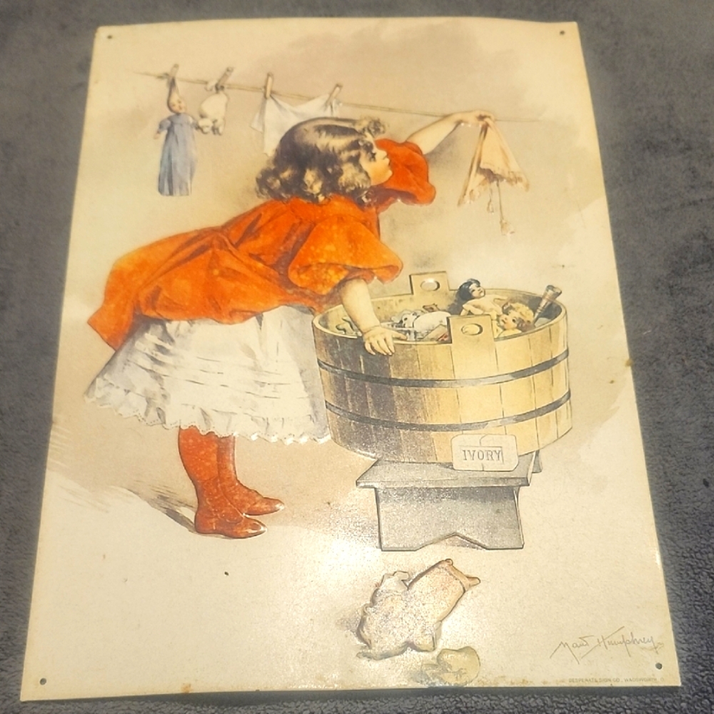 Vintage Ivory Soap Tin Sign with Girl in Red Dress